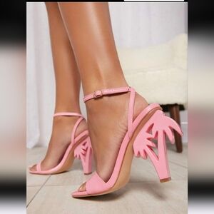 Shein Shuzia Pink Faux Leather Palm Tree Heeled Sandals Shoes